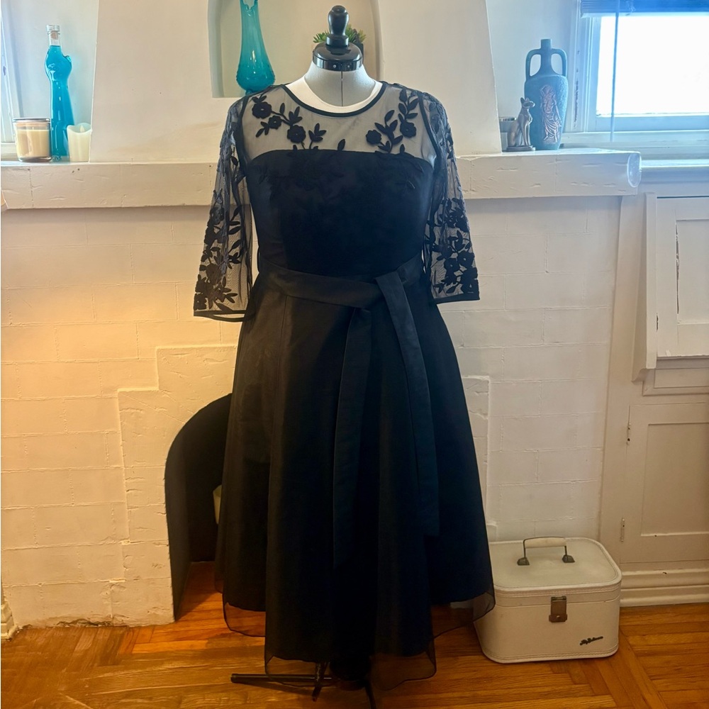 eShakti Black Floral Lace and Tulle 3/4 Sleeve Cocktail Dress